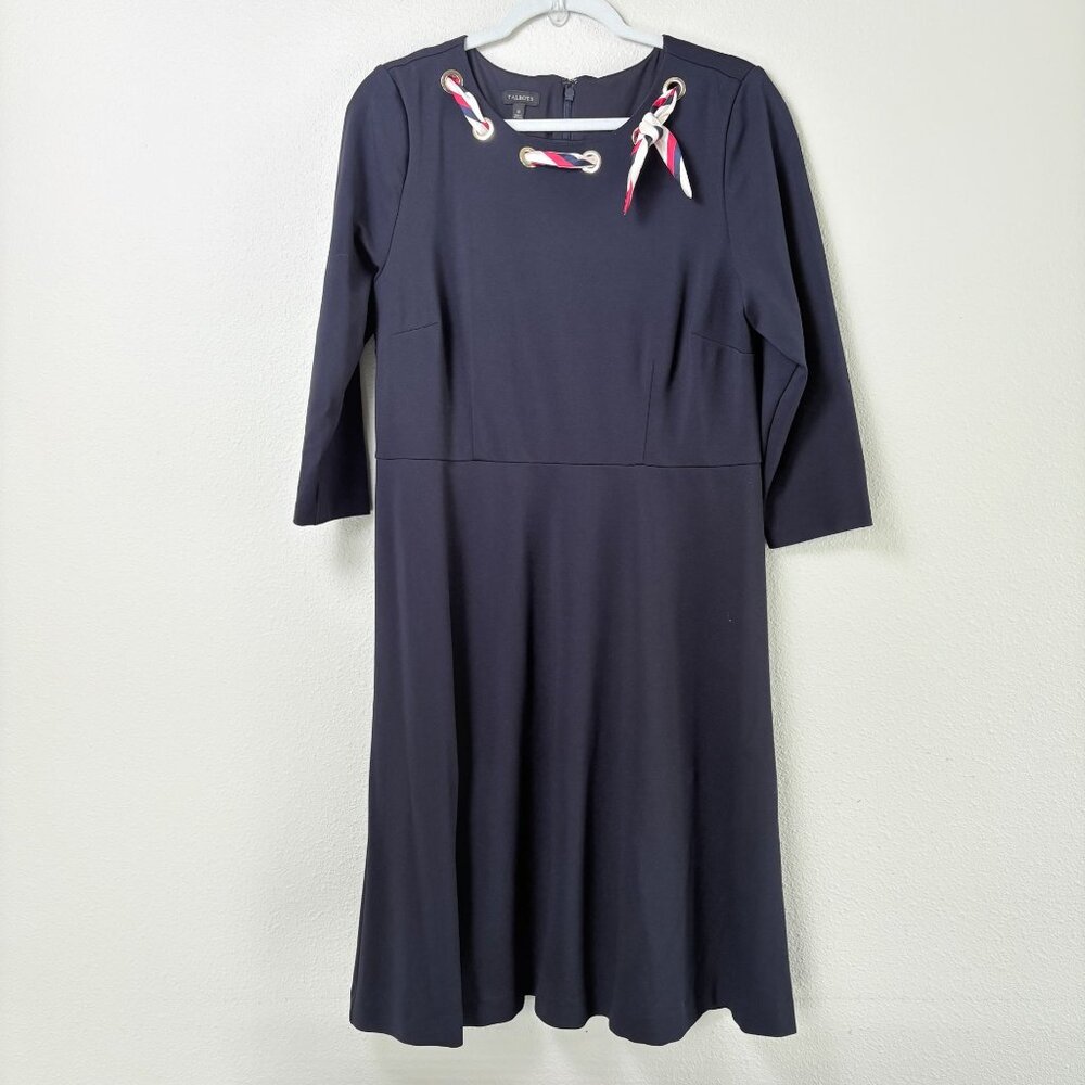 Talbots Ponte Fit‎ & Flare Midi Dress Size 12 Navy Blue Grommet Scarf 3/4 Sleeve